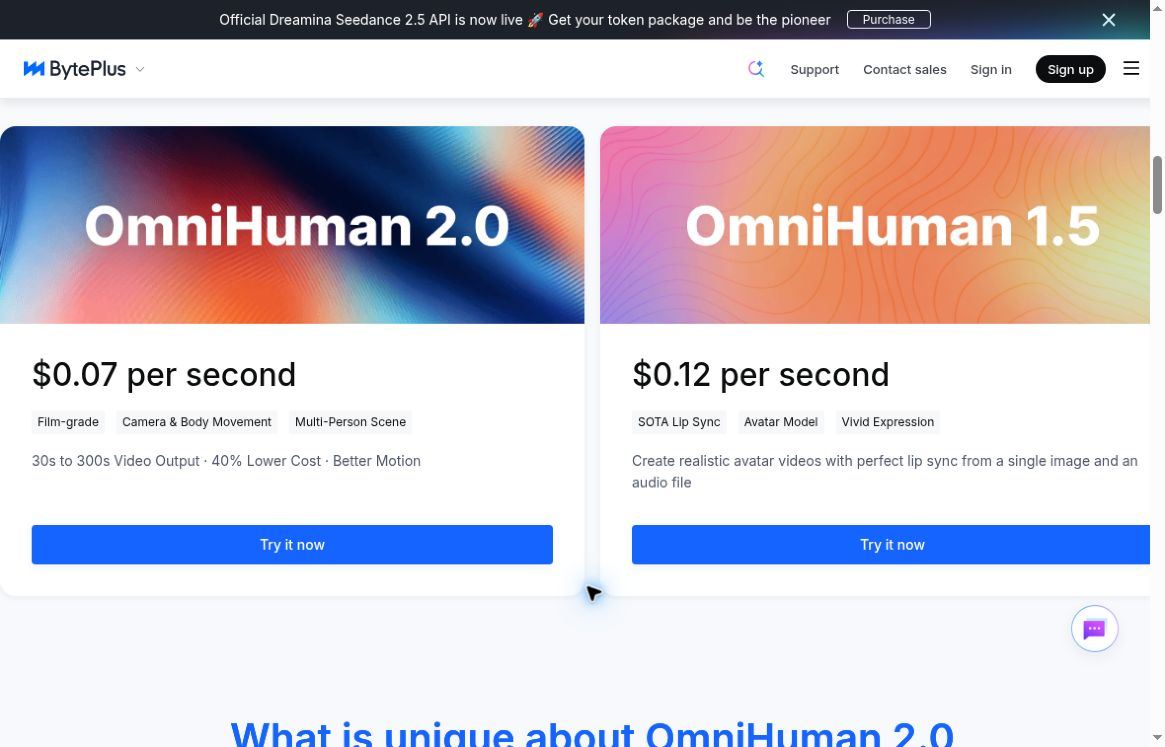 BytePlus official OmniHuman price cards, captured October 15, 2026: 2.0 at $0.07 per second and 1.5 at $0.12.
