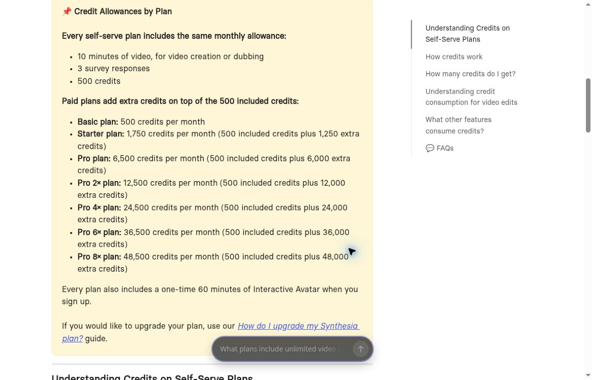 Synthesia official recurring minutes and credit allowances, captured October 15, 2026.