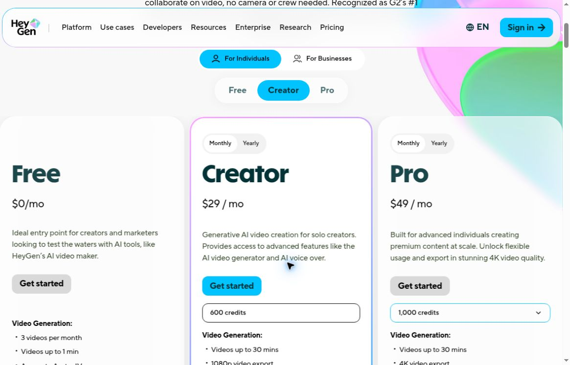 HeyGen official monthly plans, captured October 15, 2026: Creator $29 with 600 credits and Pro $49 with 1,000.