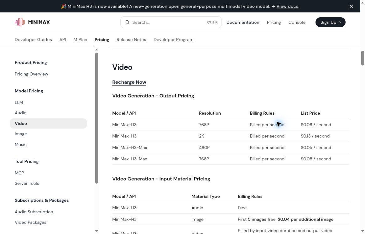 MiniMax official video API pricing, captured October 15, 2026, showing H3 output tiers and the image-reference allowance.