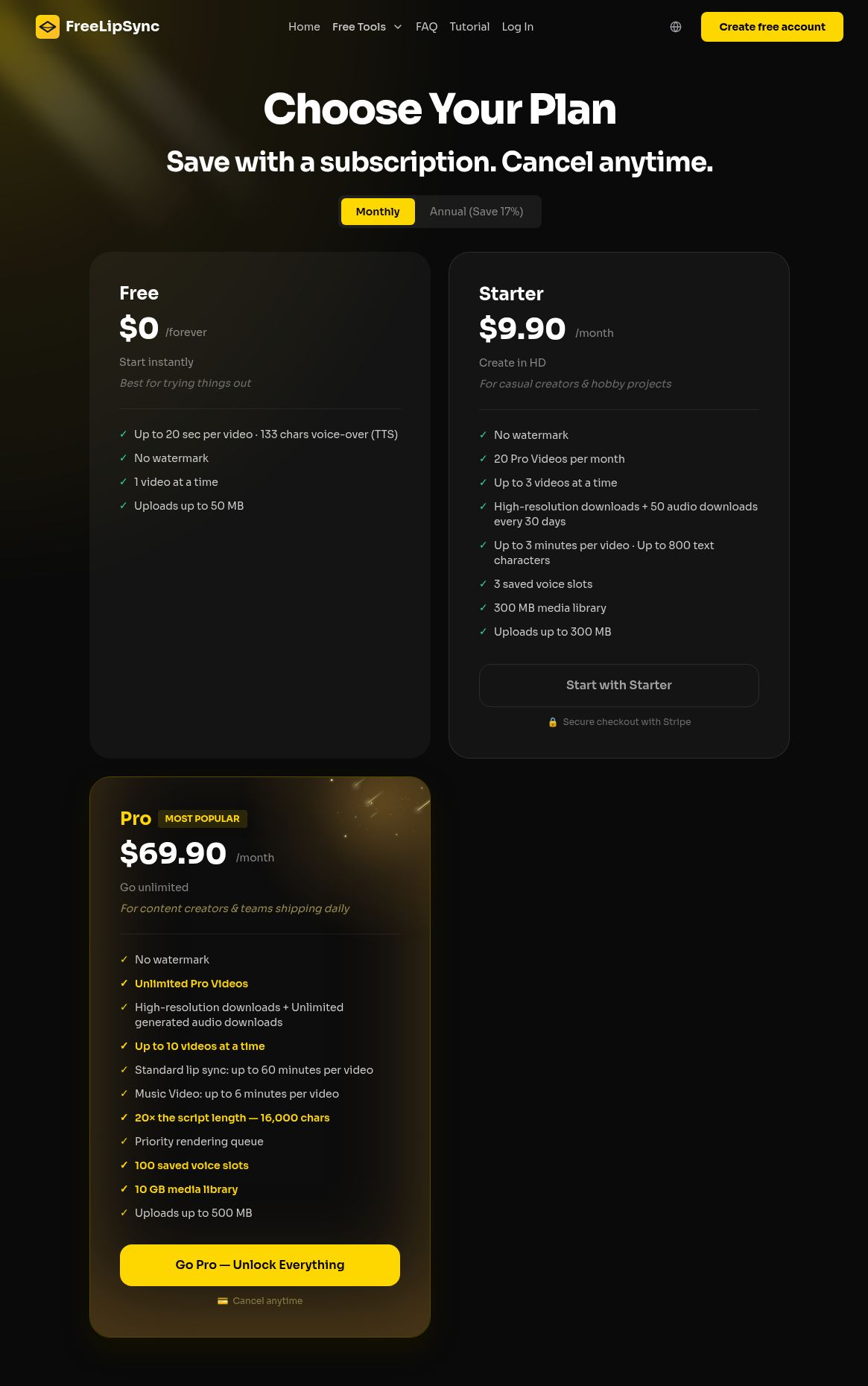 FreeLipSync official monthly pricing, captured October 15, 2026: Starter $9.90 and Pro $69.90.