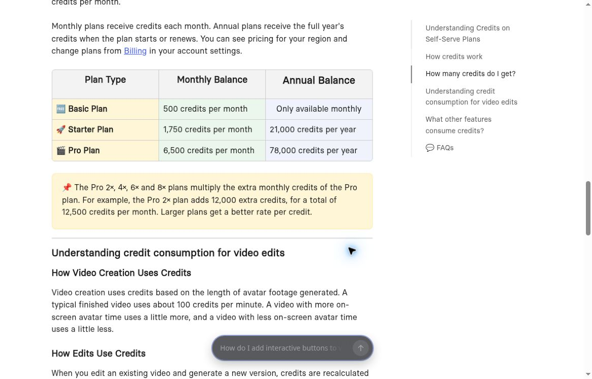 Synthesia official credit guide, captured October 15, 2026. The typical standard-video estimate varies with on-screen avatar time; monthly and annual balances are separate.