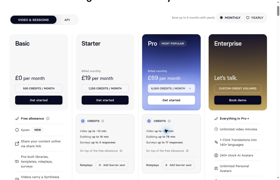 Synthesia official monthly pricing, captured October 15, 2026 in the regional GBP display: Starter £19 and Pro £69. The USD figures in this report were separately checked against official USD pricing; no currency conversion is used.